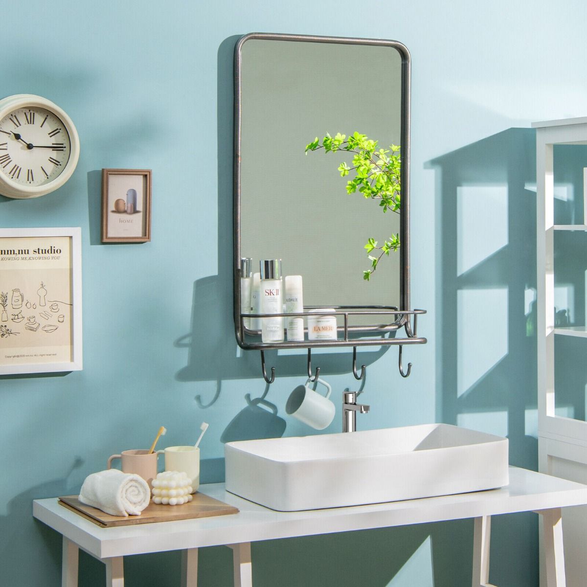 Wall-Mounted Rectangular Bathroom Mirror with Storage Shelf and Hooks